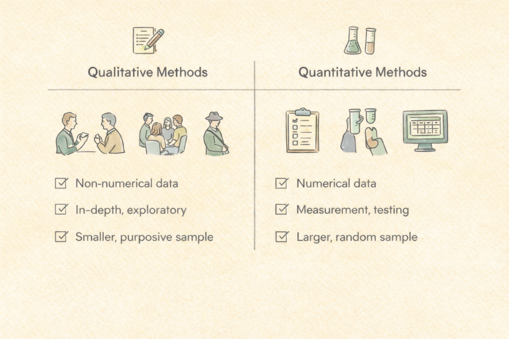 Research methods in social science and management research, including qualitative and quantitative approaches.